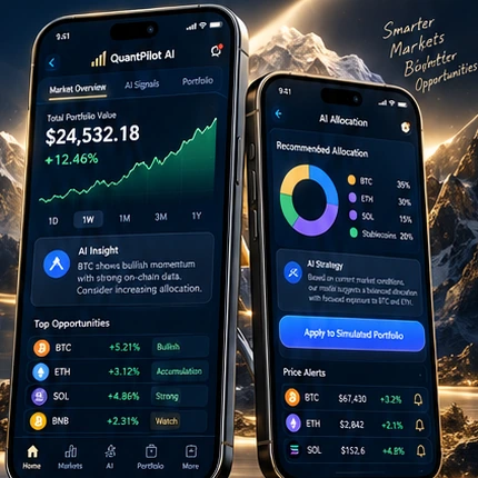 QuantPilot AI interface design showing AI insights, crypto allocation and market dashboard